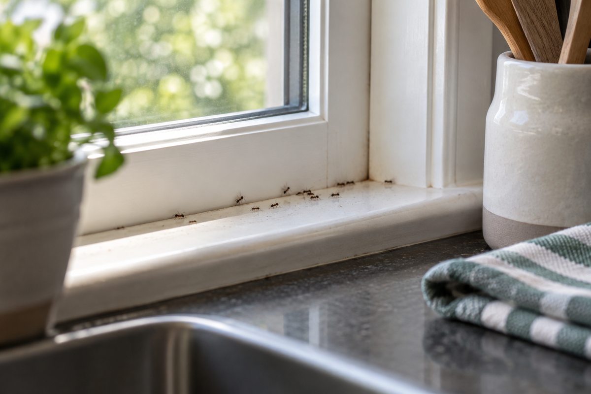 Small ants along a kitchen windowsill