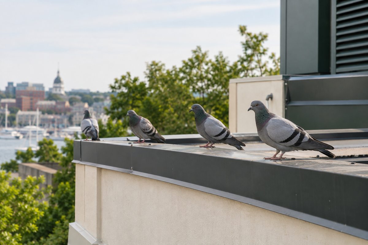 Pigeons on a commercial roof ledge