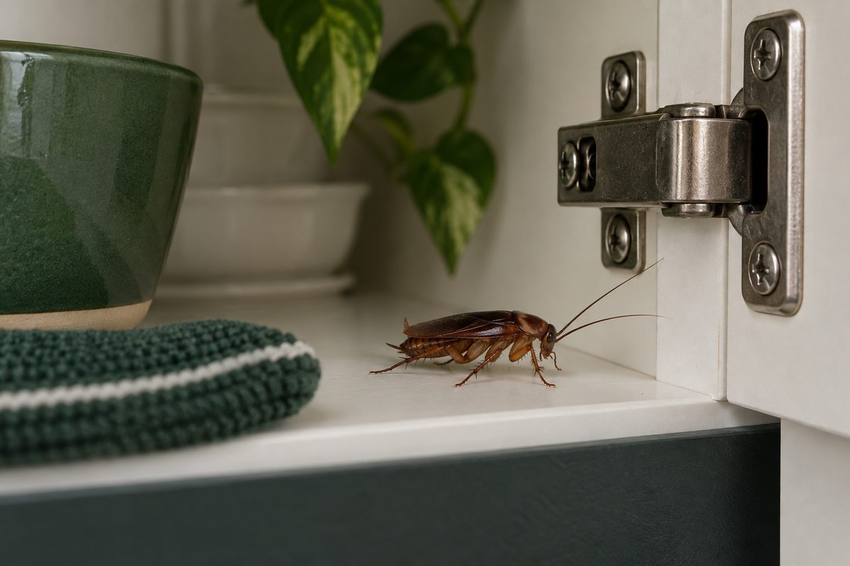 Cockroach near a cabinet hinge
