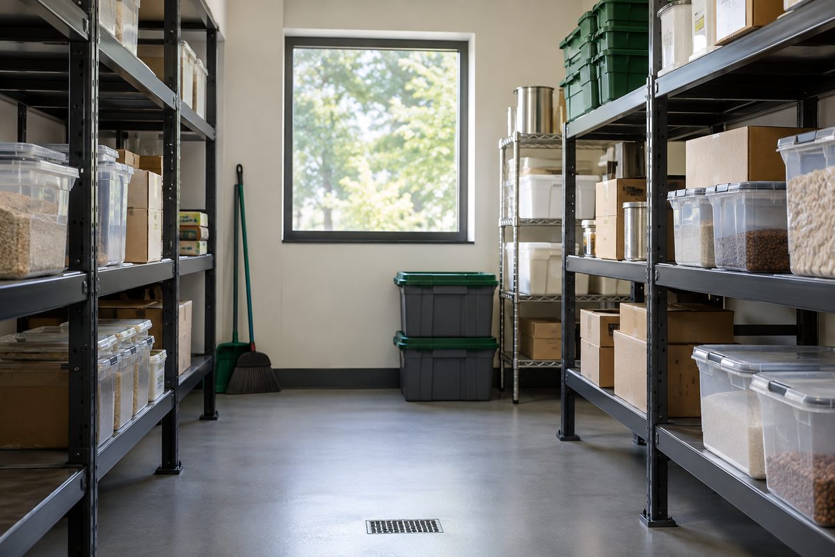 Stockroom with raised shelves and closed containers