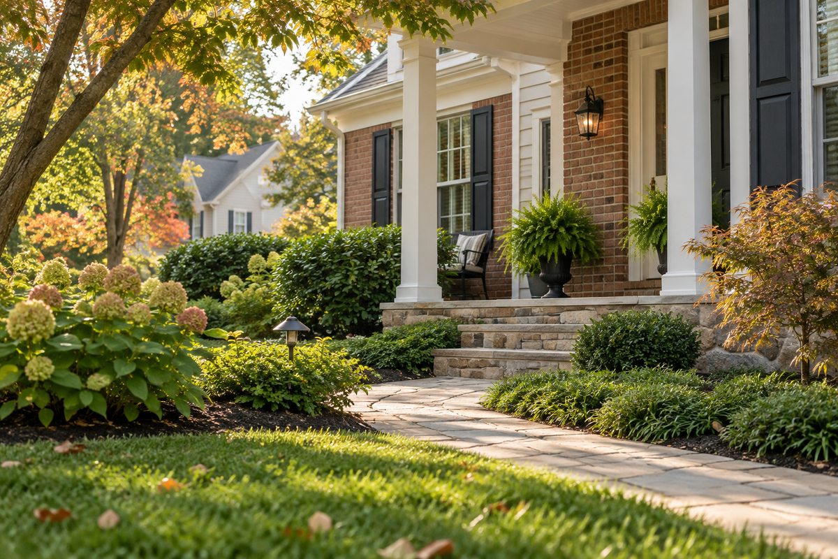 Brick and clapboard home with a tidy garden