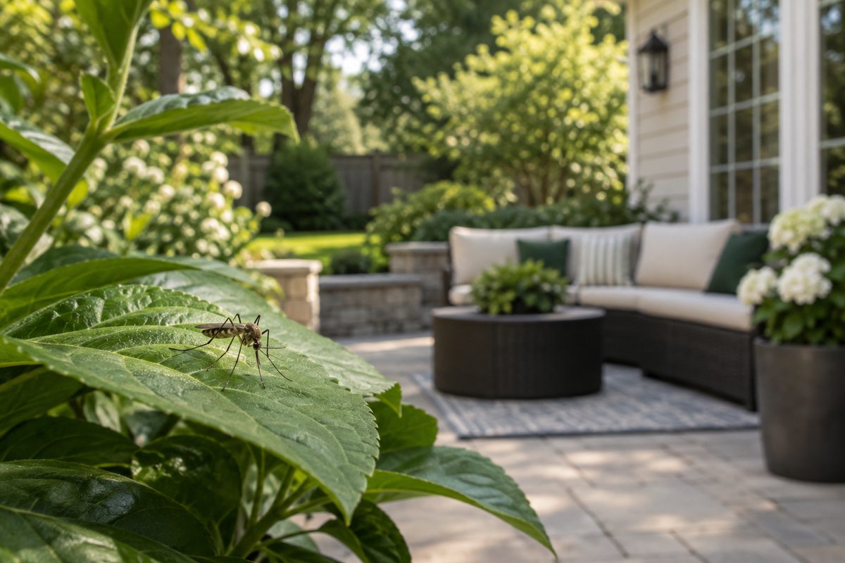 Mosquito resting on a leaf beside a patio