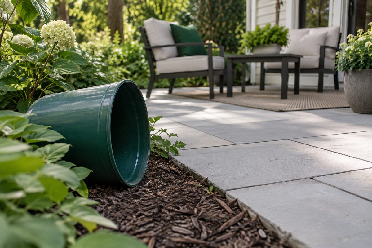 Overturned bucket beside a patio