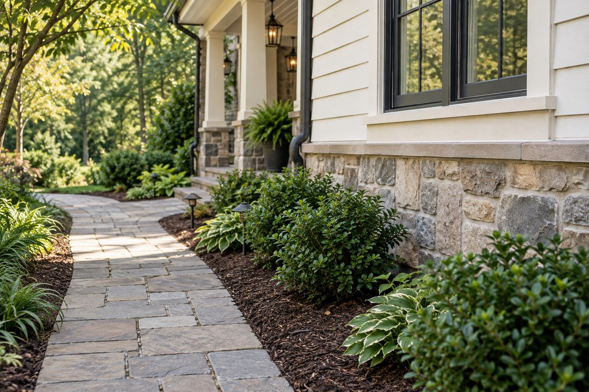 Home foundation and maintained garden path