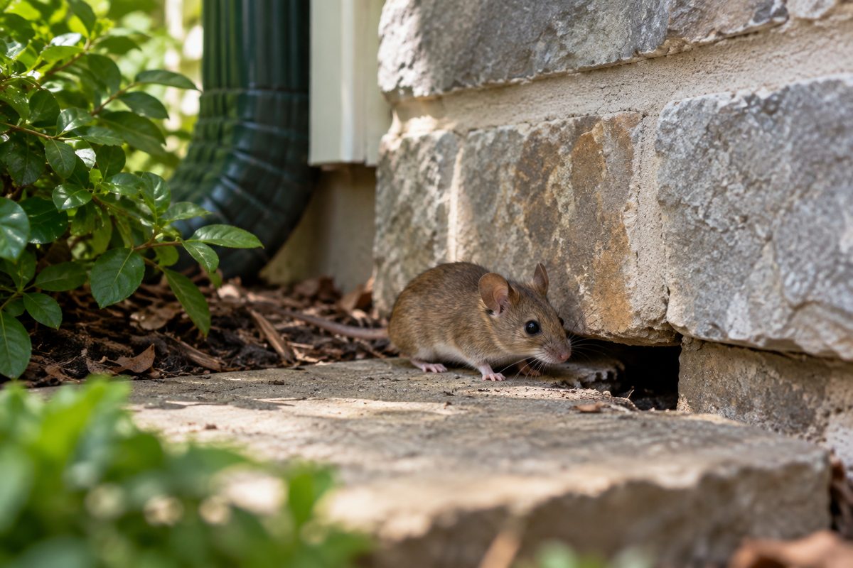 Mouse beside an exterior foundation gap