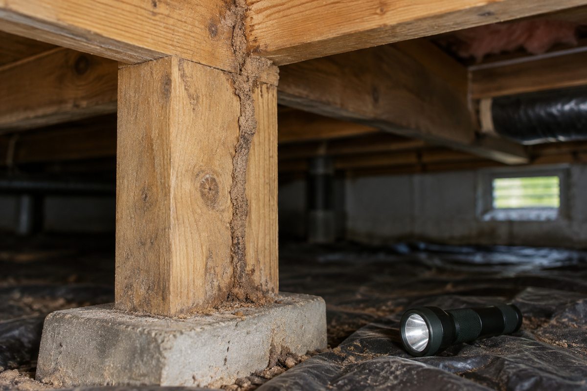 Mud-tube-like marks on crawlspace timber beside an inspection flashlight