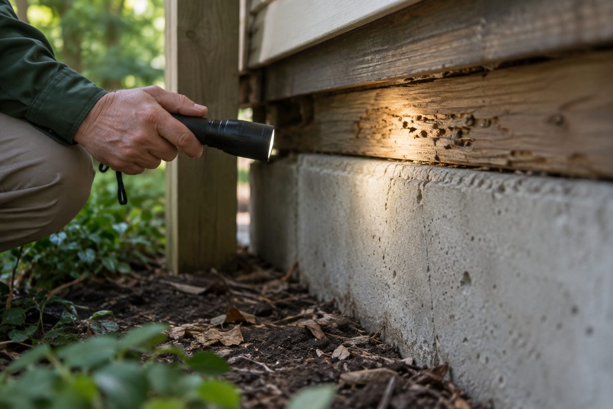 Flashlight illuminating exterior timber and foundation